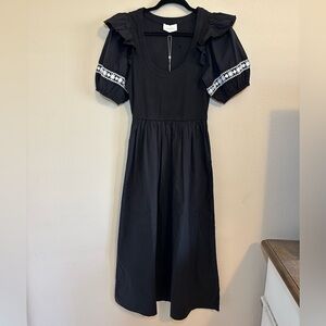 Cleobella Selma Black Midi Dress with White Accents & Puff Sleeves NWT